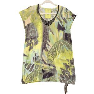LUISA CERANO Green Tropical Beaded Short Sleeve Drawstring ITALY Top SIZE 12